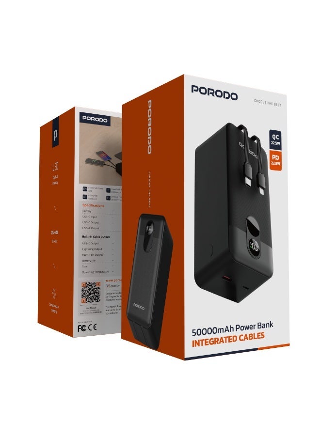 بورودو باور بانك 50000 مللي أمبير في الساعة بتقنية PD بقوة 22.5 وات مع كابلين مدمجين من النوع C وLightning / شاشة رقمية / من 0% إلى 60% في 35 دقيقة / شحن متزامن - أسود - Image 5